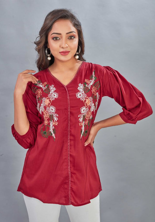 Embroidery Casual Wear Crew Neck Half Sleeve Tunics