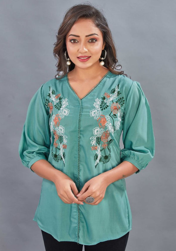 Embroidery Casual Wear Crew Neck Half Sleeve Tunics