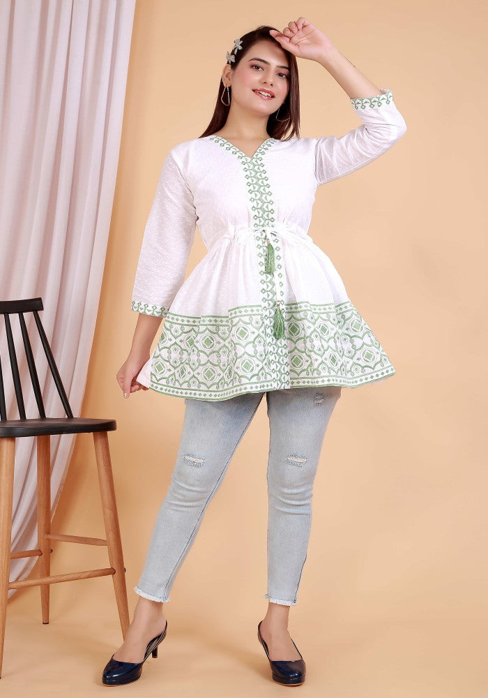 Mafia Style Heavy Green Embroidery Cotton White Dress Tunic