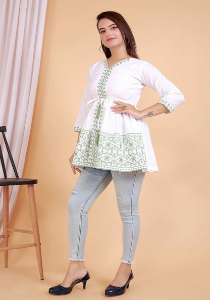 Mafia Style Heavy Green Embroidery Cotton White Dress Tunic