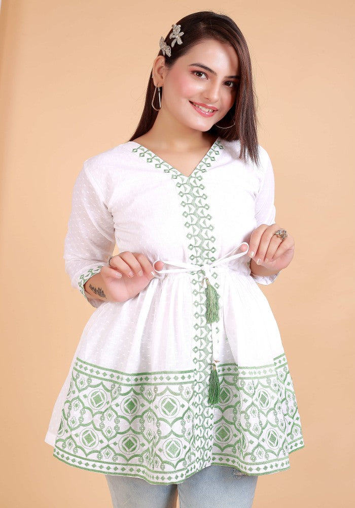 Mafia Style Heavy Green Embroidery Cotton White Dress Tunic